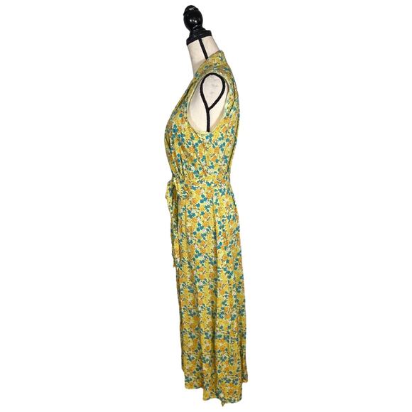 Urban Outfitters Yellow Floral Linen Sleeveless Wrap Midi Dress   Size: M - Picture 2 of 4